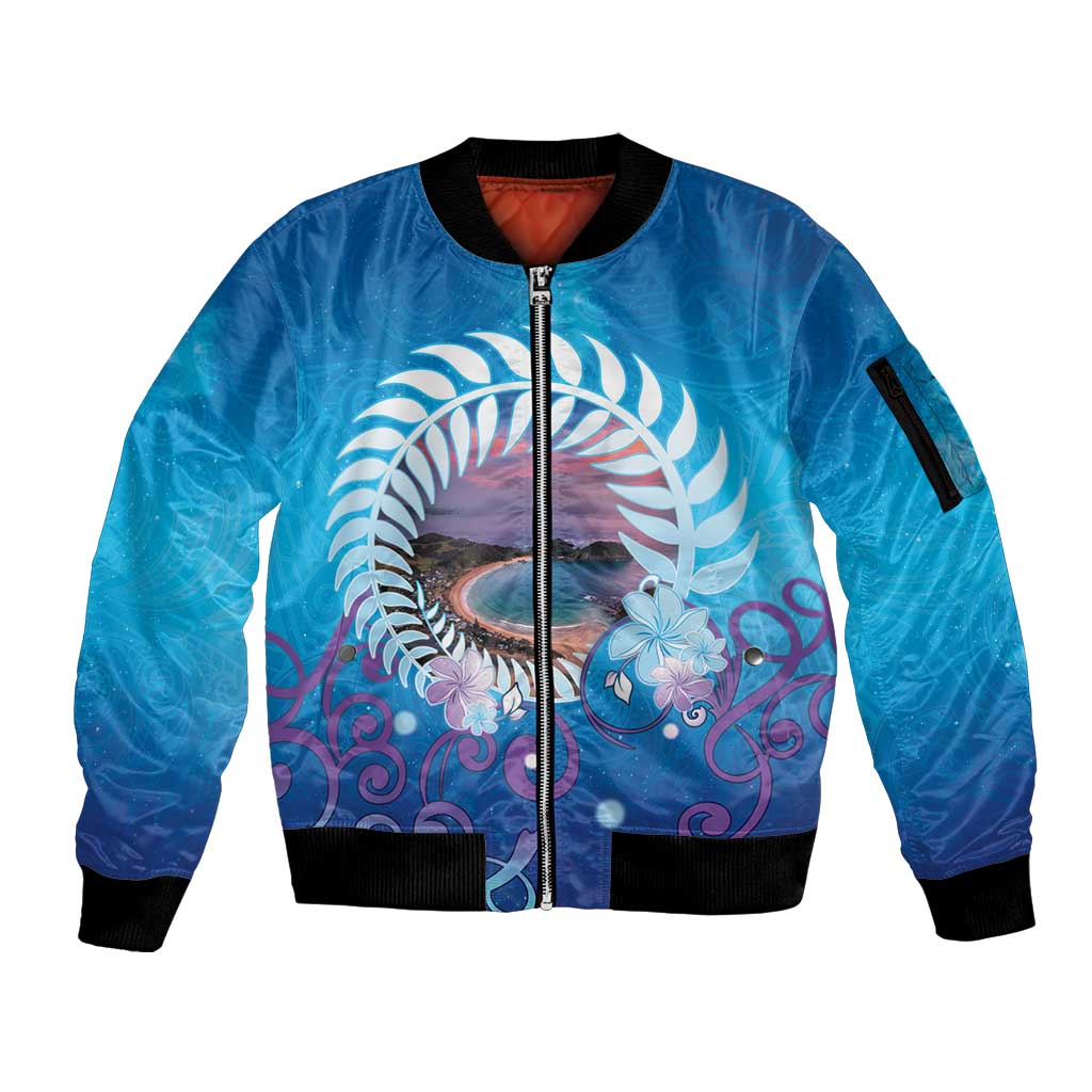 New Zealand Matapouri Beach Landscape Sleeve Zip Bomber Jacket LT05 Unisex Blue - Polynesian Pride