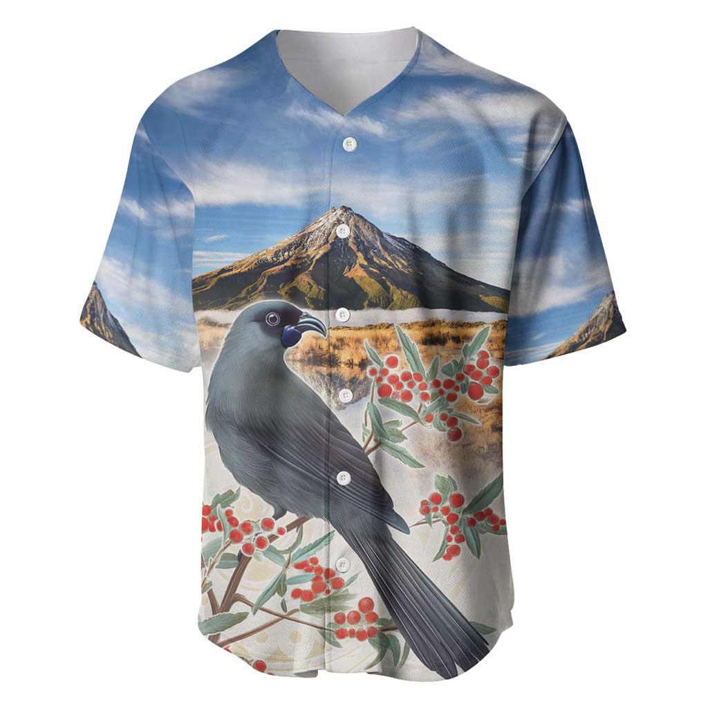New Zealand Mount Taranaki Landscape Baseball Jersey Kokako Bird Polynesian Style LT05 Blue - Polynesian Pride