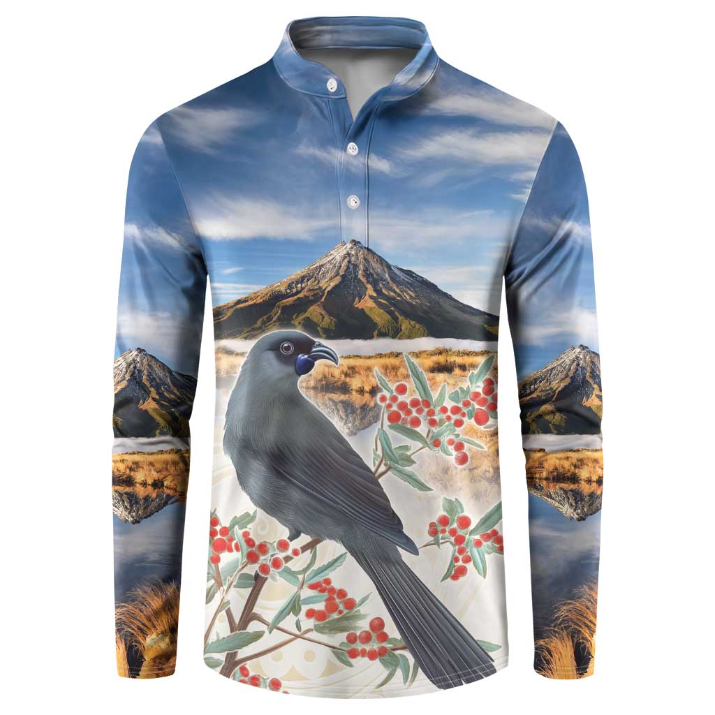 New Zealand Mount Taranaki Landscape Button Sweatshirt Kokako Bird Polynesian Style LT05 Blue - Polynesian Pride