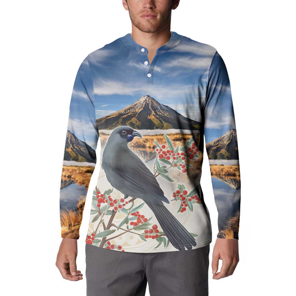 New Zealand Mount Taranaki Landscape Button Sweatshirt Kokako Bird Polynesian Style LT05 - Polynesian Pride