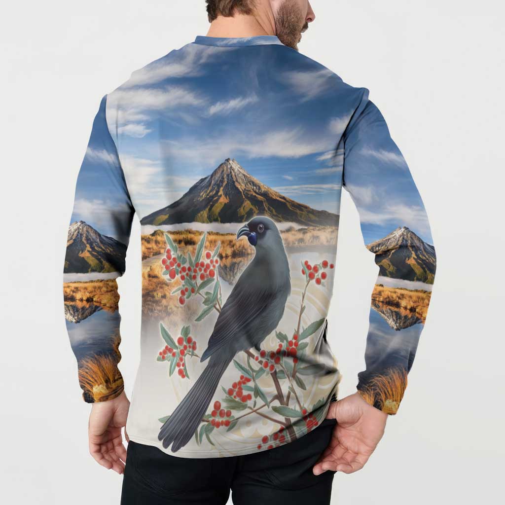 New Zealand Mount Taranaki Landscape Button Sweatshirt Kokako Bird Polynesian Style LT05 - Polynesian Pride