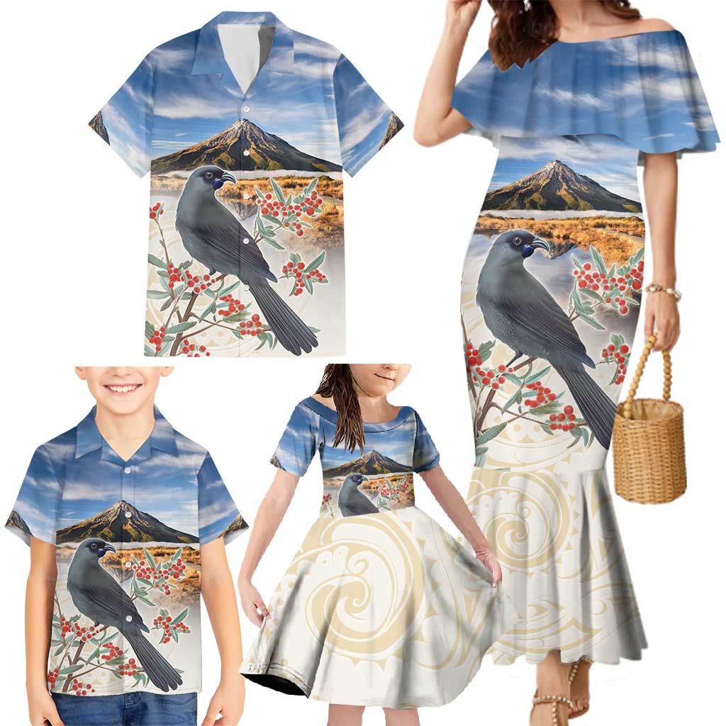 New Zealand Mount Taranaki Landscape Family Matching Mermaid Dress and Hawaiian Shirt Kokako Bird Polynesian Style