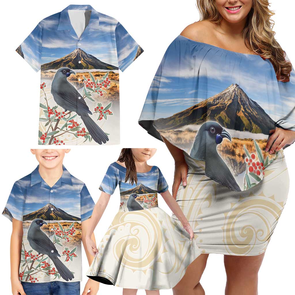 New Zealand Mount Taranaki Landscape Family Matching Off Shoulder Short Dress and Hawaiian Shirt Kokako Bird Polynesian Style