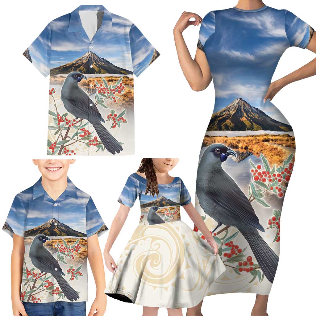 New Zealand Mount Taranaki Landscape Family Matching Short Sleeve Bodycon Dress and Hawaiian Shirt Kokako Bird Polynesian Style