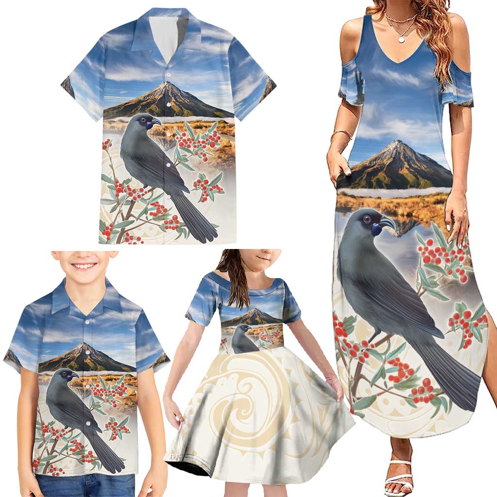 New Zealand Mount Taranaki Landscape Family Matching Summer Maxi Dress and Hawaiian Shirt Kokako Bird Polynesian Style