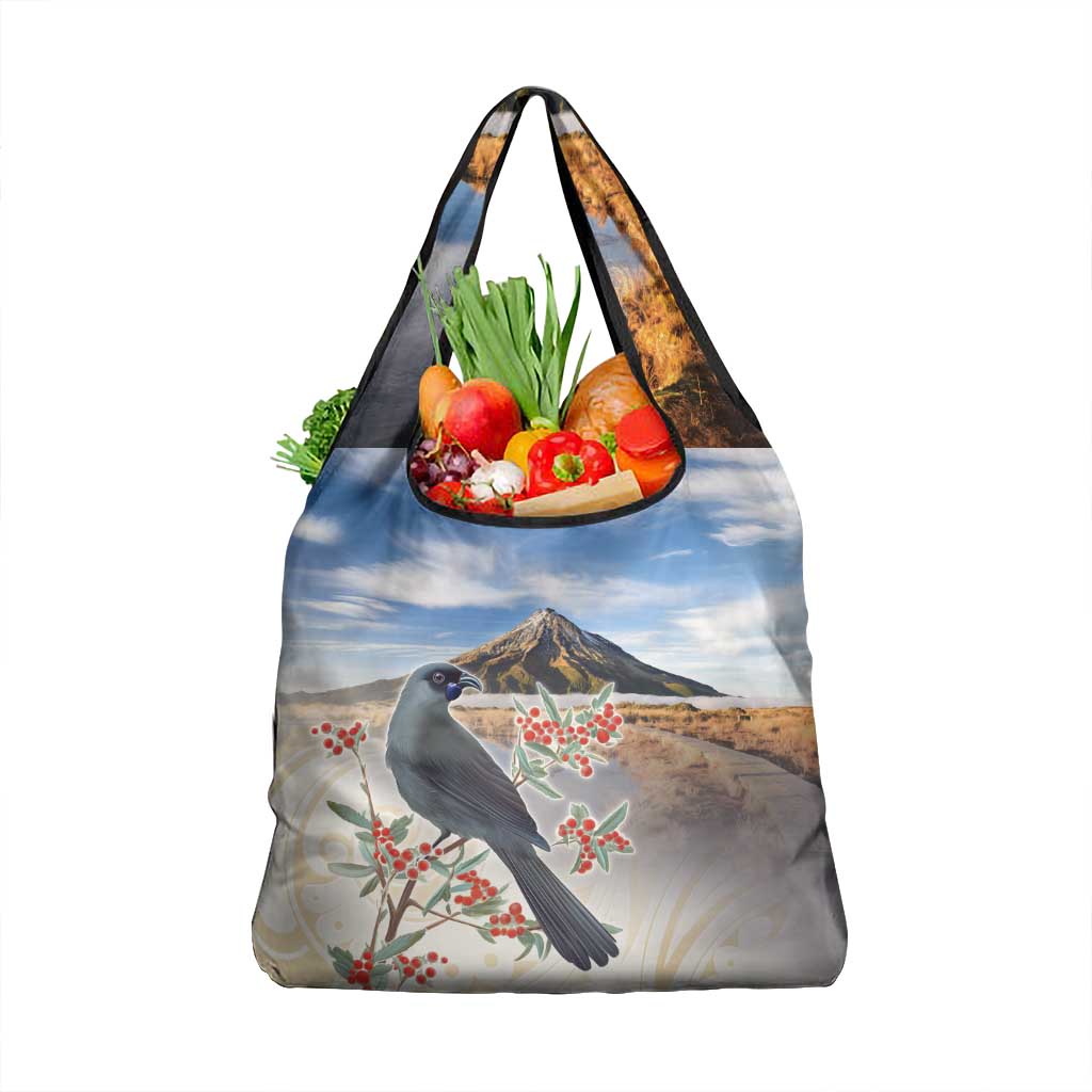 New Zealand Mount Taranaki Landscape Grocery Bag Kokako Bird Polynesian Style LT05 1-pack One Size Blue - Polynesian Pride