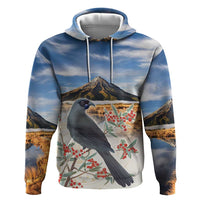 New Zealand Mount Taranaki Landscape Hoodie Kokako Bird Polynesian Style LT05 Pullover Hoodie Blue - Polynesian Pride