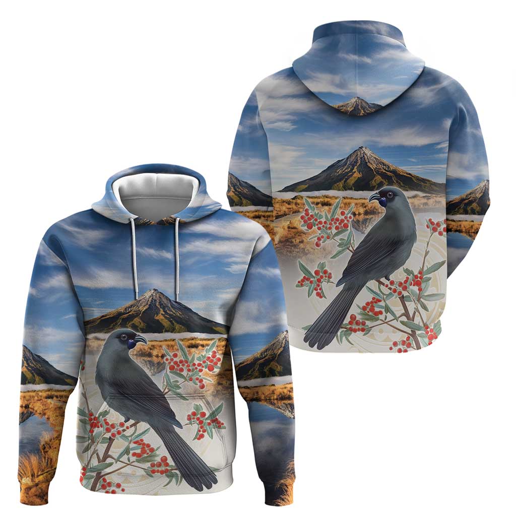 New Zealand Mount Taranaki Landscape Hoodie Kokako Bird Polynesian Style LT05 - Polynesian Pride