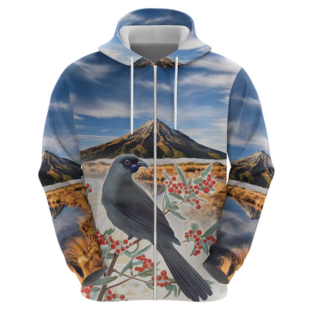 New Zealand Mount Taranaki Landscape Hoodie Kokako Bird Polynesian Style LT05 - Polynesian Pride