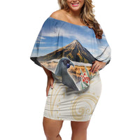 New Zealand Mount Taranaki Landscape Off Shoulder Short Dress Kokako Bird Polynesian Style LT05 Women Blue - Polynesian Pride