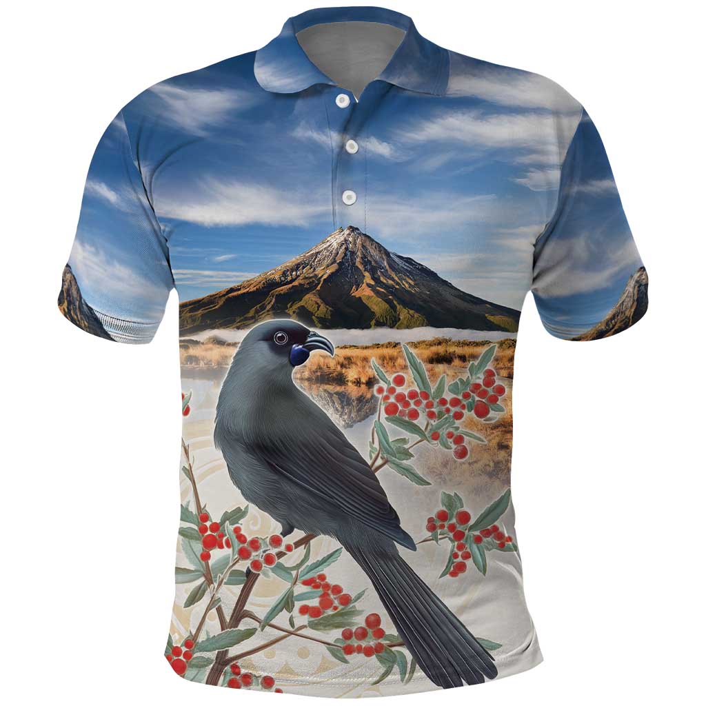 New Zealand Mount Taranaki Landscape Polo Shirt Kokako Bird Polynesian Style