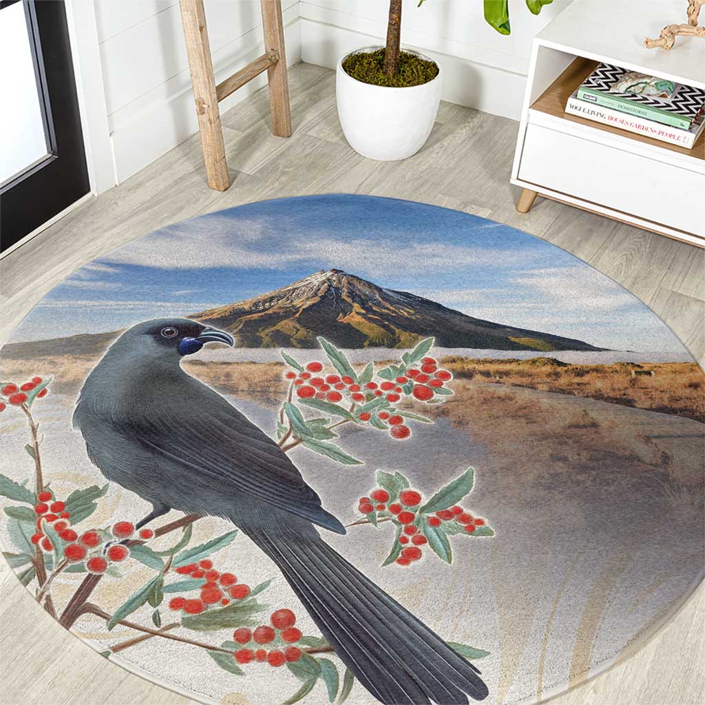 New Zealand Mount Taranaki Landscape Round Carpet Kokako Bird Polynesian Style LT05 Blue - Polynesian Pride