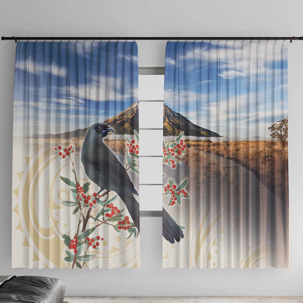 New Zealand Mount Taranaki Landscape Window Curtain Kokako Bird Polynesian Style LT05 With Hooks Blue - Polynesian Pride
