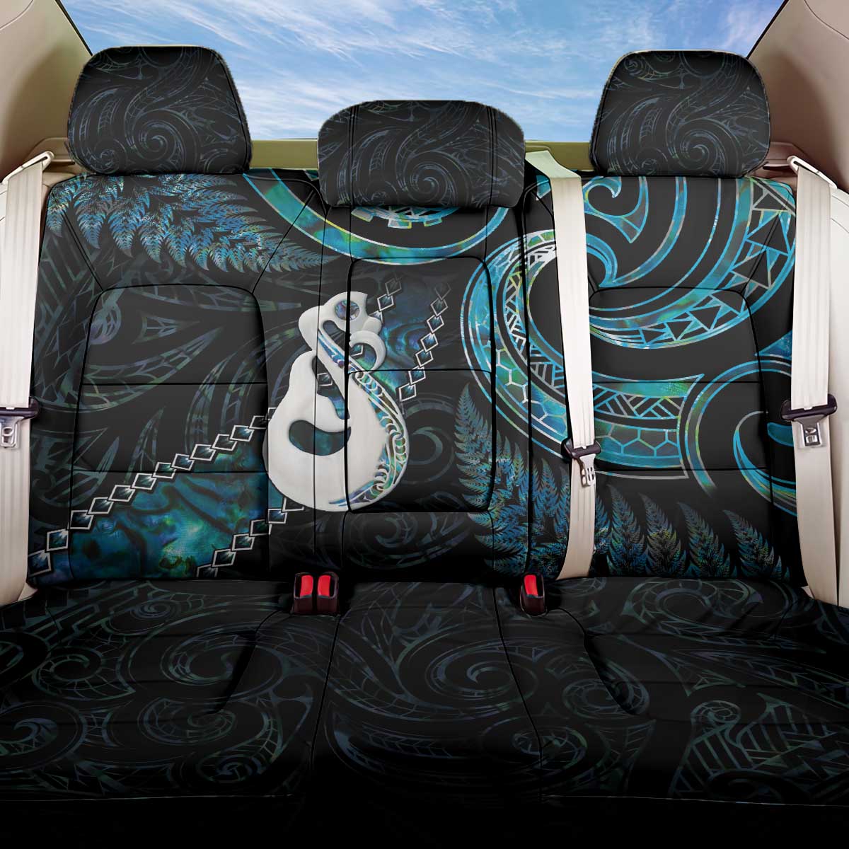 New Zealand Aotearoa Back Car Seat Cover Maori Manaia Paua Shell Glitter Turquoise LT05 One Size Turquoise - Polynesian Pride