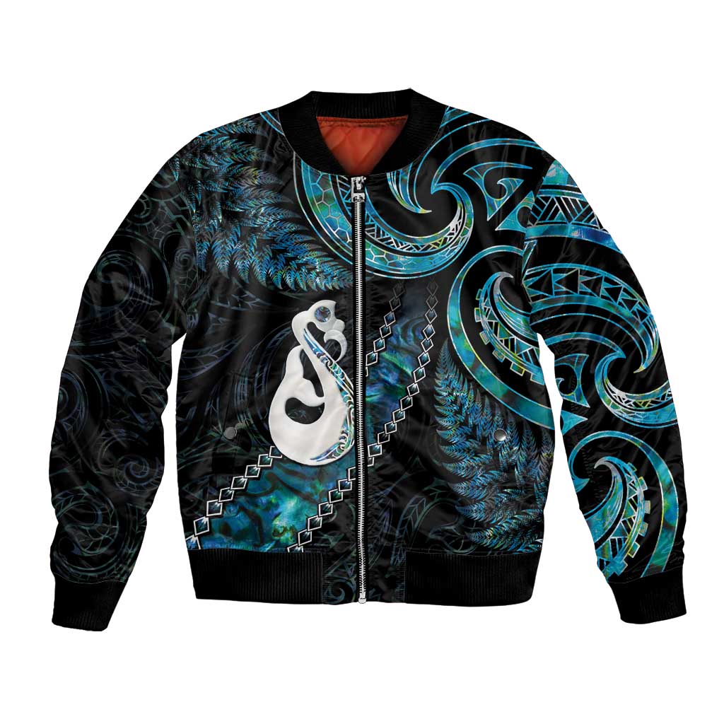 New Zealand Aotearoa Bomber Jacket Maori Manaia Paua Shell Glitter Turquoise LT05 Unisex Turquoise - Polynesian Pride