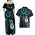 New Zealand Aotearoa Couples Matching Off Shoulder Maxi Dress and Hawaiian Shirt Maori Manaia Paua Shell Glitter Turquoise