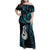 New Zealand Aotearoa Family Matching Off Shoulder Maxi Dress and Hawaiian Shirt Maori Manaia Paua Shell Glitter Turquoise