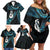 New Zealand Aotearoa Family Matching Off Shoulder Short Dress and Hawaiian Shirt Maori Manaia Paua Shell Glitter Turquoise