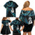 New Zealand Aotearoa Family Matching Off Shoulder Short Dress and Hawaiian Shirt Maori Manaia Paua Shell Glitter Turquoise