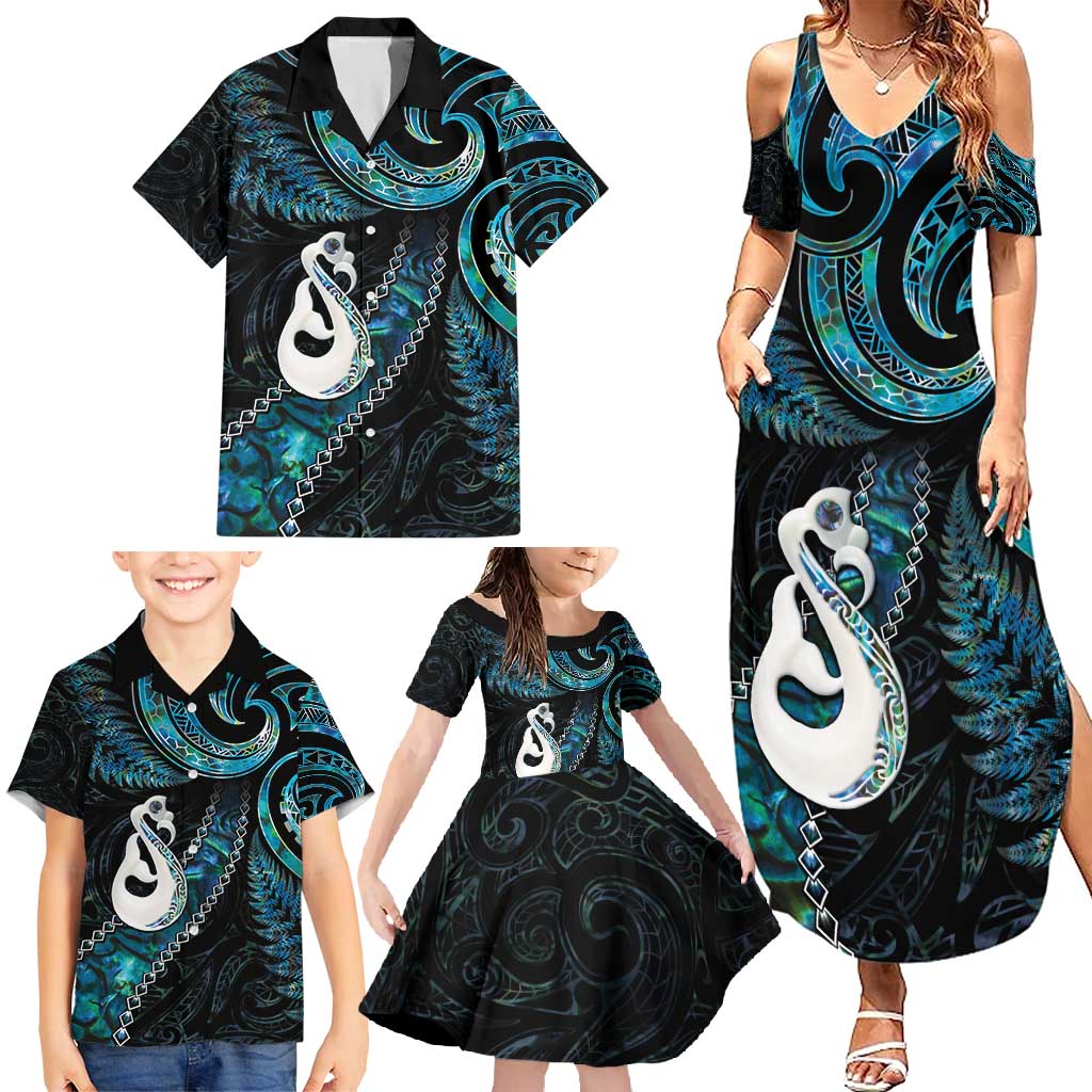 New Zealand Aotearoa Family Matching Summer Maxi Dress and Hawaiian Shirt Maori Manaia Paua Shell Glitter Turquoise