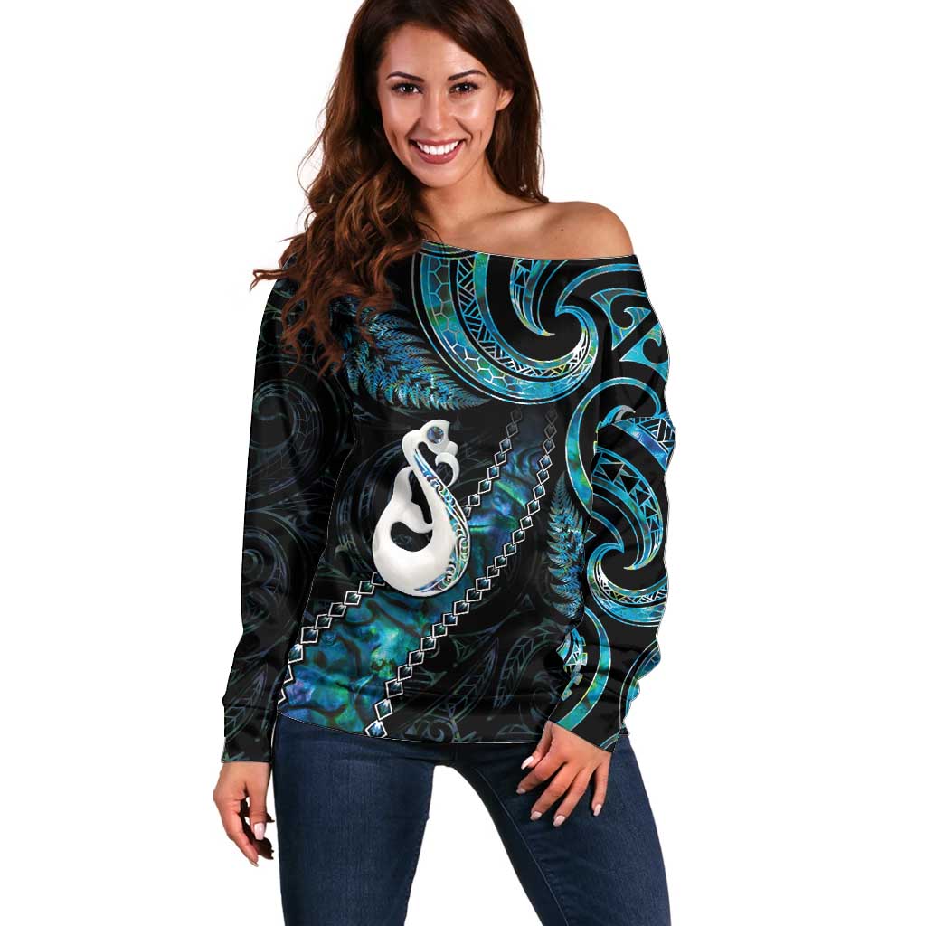 New Zealand Aotearoa Off Shoulder Sweater Maori Manaia Paua Shell Glitter Turquoise LT05 Women Turquoise - Polynesian Pride