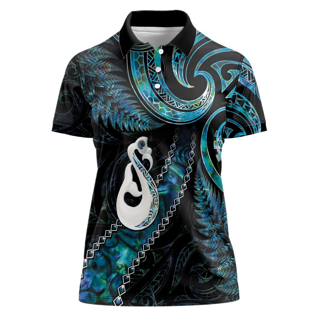 New Zealand Aotearoa Women Polo Shirt Maori Manaia Paua Shell Glitter Turquoise