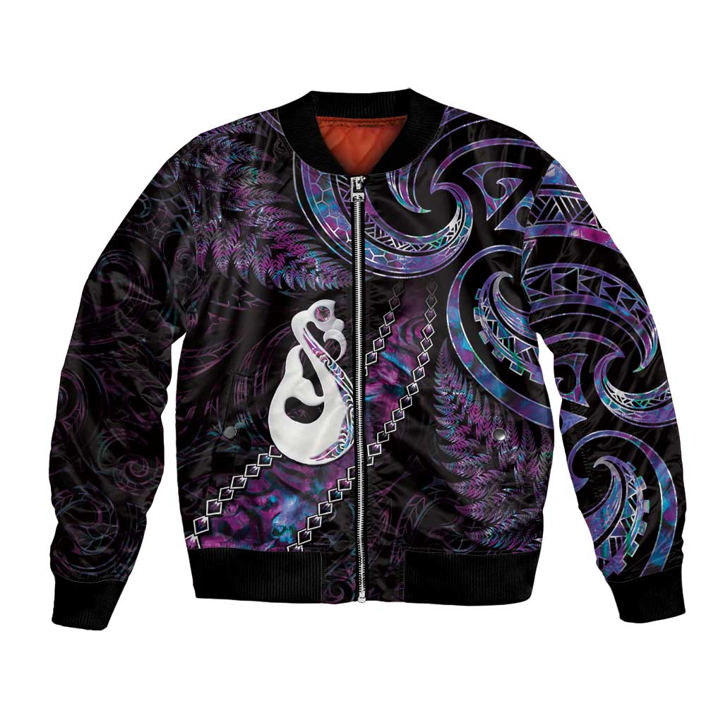 New Zealand Aotearoa Bomber Jacket Maori Manaia Paua Shell Glitter Purple LT05 Unisex Purple - Polynesian Pride