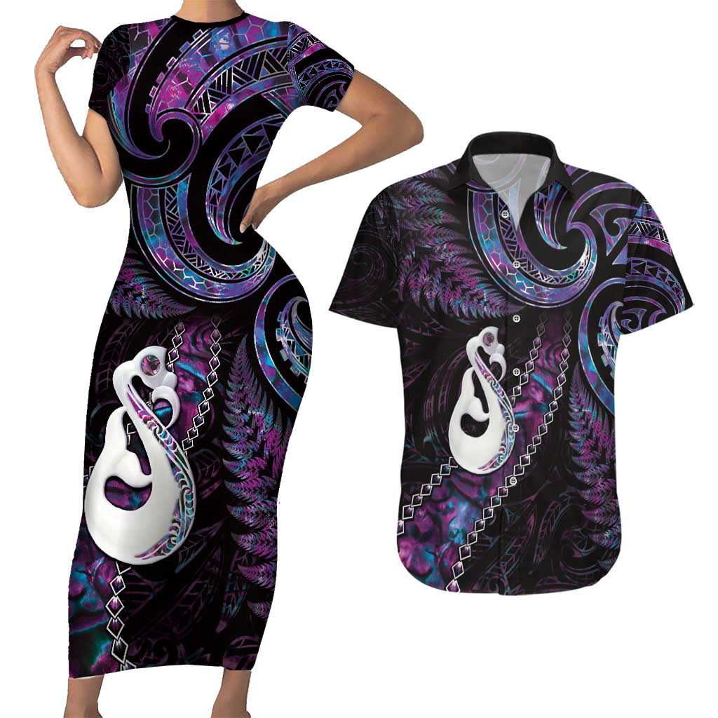 New Zealand Aotearoa Couples Matching Short Sleeve Bodycon Dress and Hawaiian Shirt Maori Manaia Paua Shell Glitter Purple