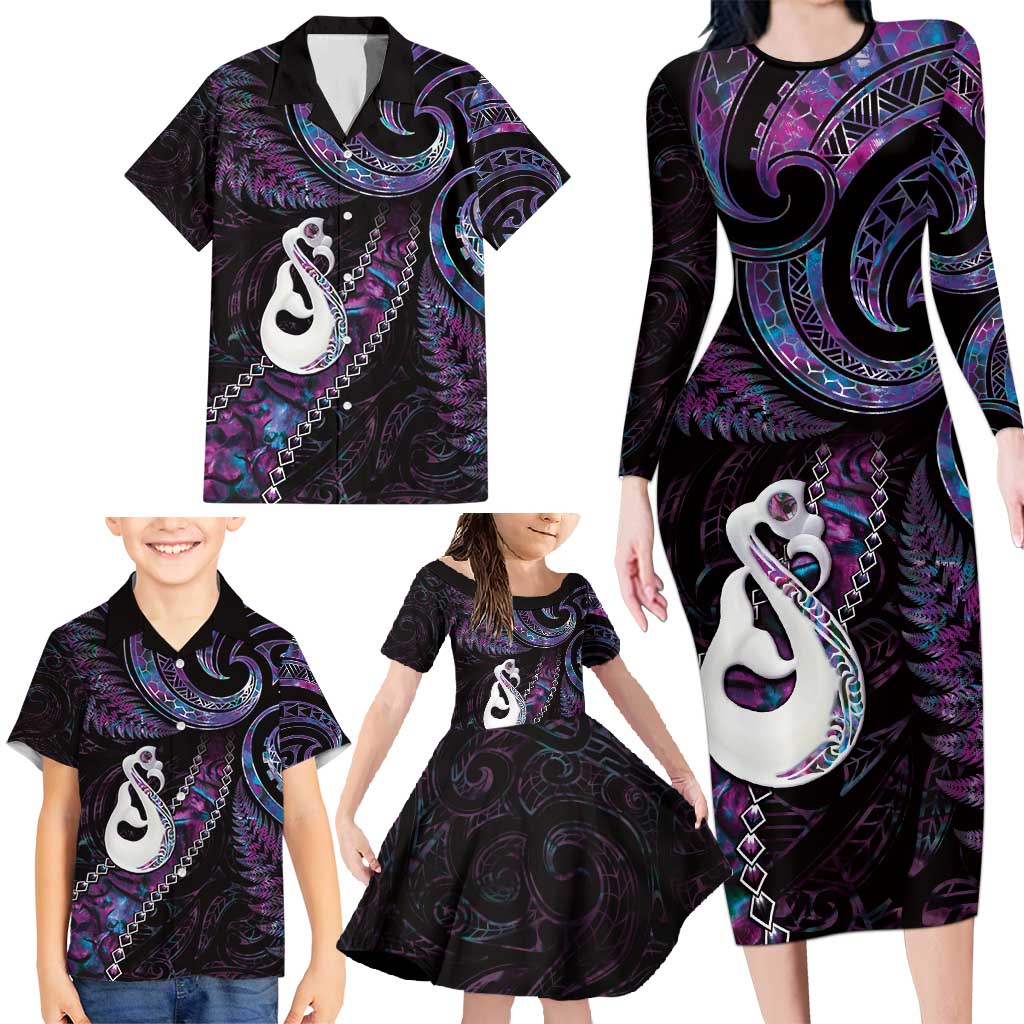 New Zealand Aotearoa Family Matching Long Sleeve Bodycon Dress and Hawaiian Shirt Maori Manaia Paua Shell Glitter Purple