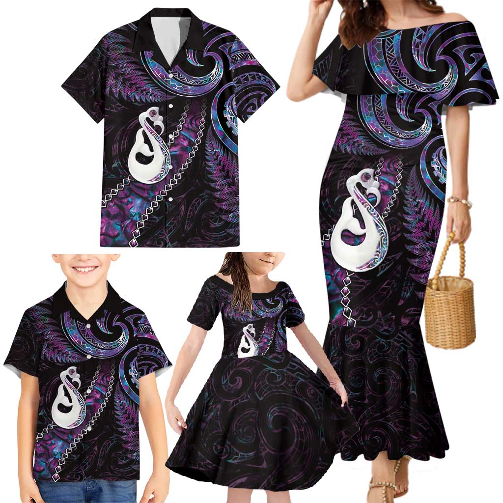 New Zealand Aotearoa Family Matching Mermaid Dress and Hawaiian Shirt Maori Manaia Paua Shell Glitter Purple