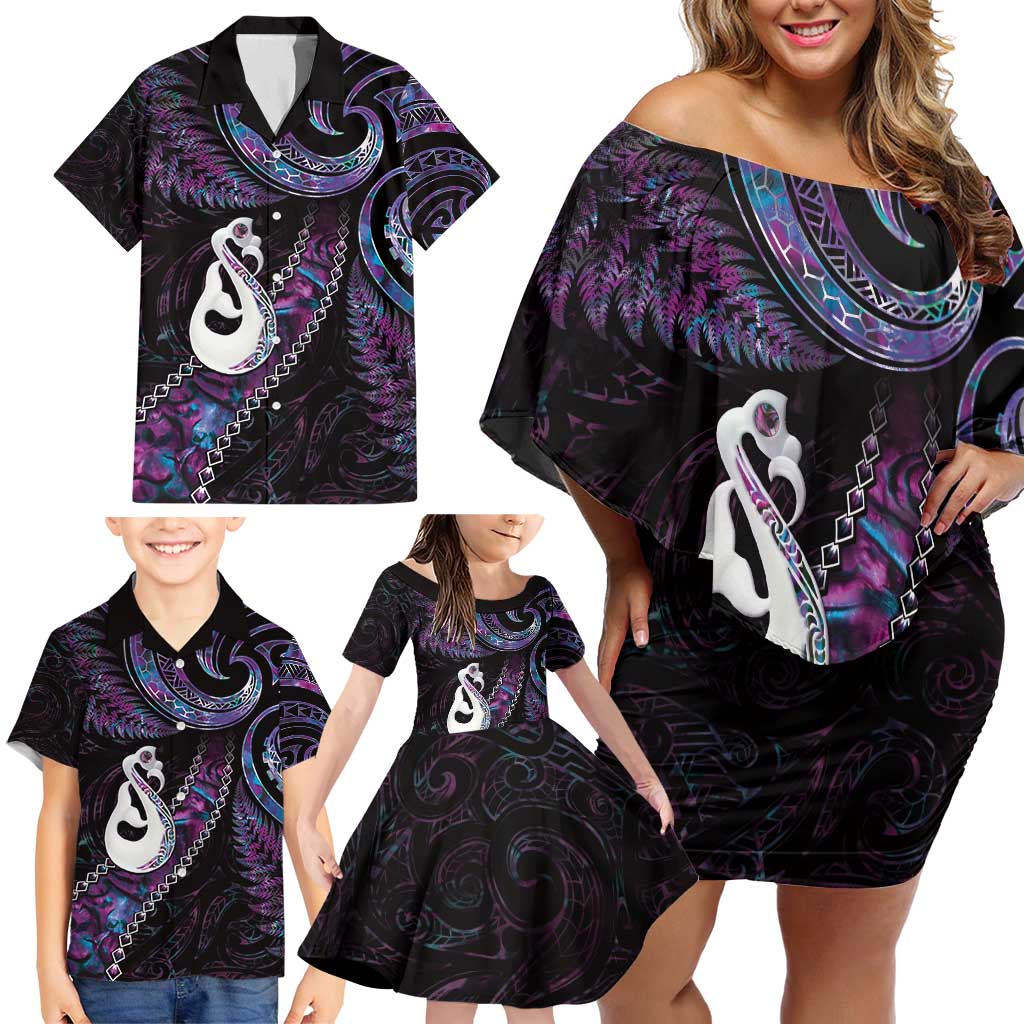 New Zealand Aotearoa Family Matching Off Shoulder Short Dress and Hawaiian Shirt Maori Manaia Paua Shell Glitter Purple