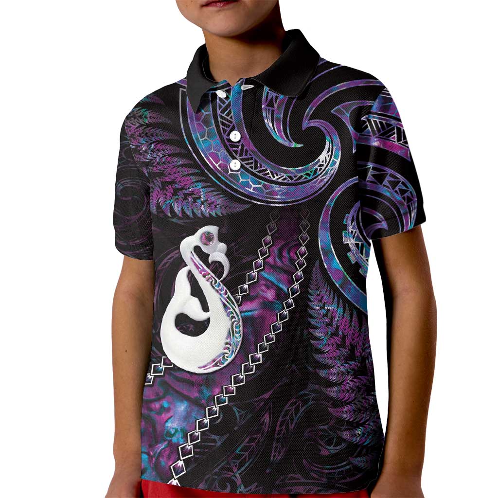 New Zealand Aotearoa Kid Polo Shirt Maori Manaia Paua Shell Glitter Purple