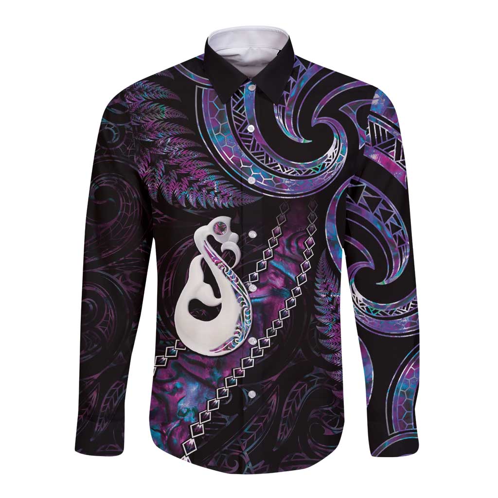 New Zealand Aotearoa Long Sleeve Button Shirt Maori Manaia Paua Shell Glitter Purple LT05 Unisex Purple - Polynesian Pride