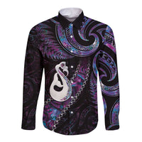 New Zealand Aotearoa Long Sleeve Button Shirt Maori Manaia Paua Shell Glitter Purple LT05 Unisex Purple - Polynesian Pride