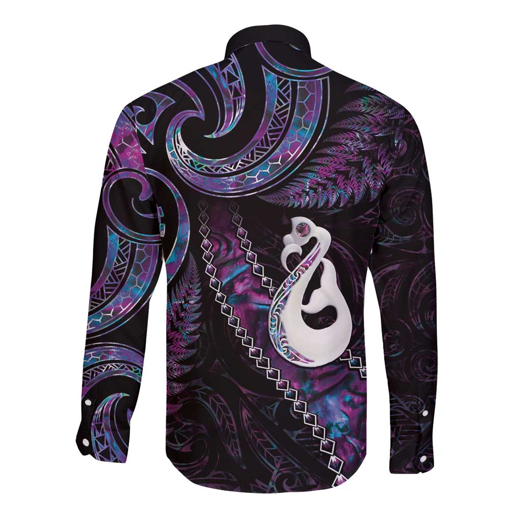 New Zealand Aotearoa Long Sleeve Button Shirt Maori Manaia Paua Shell Glitter Purple LT05 - Polynesian Pride