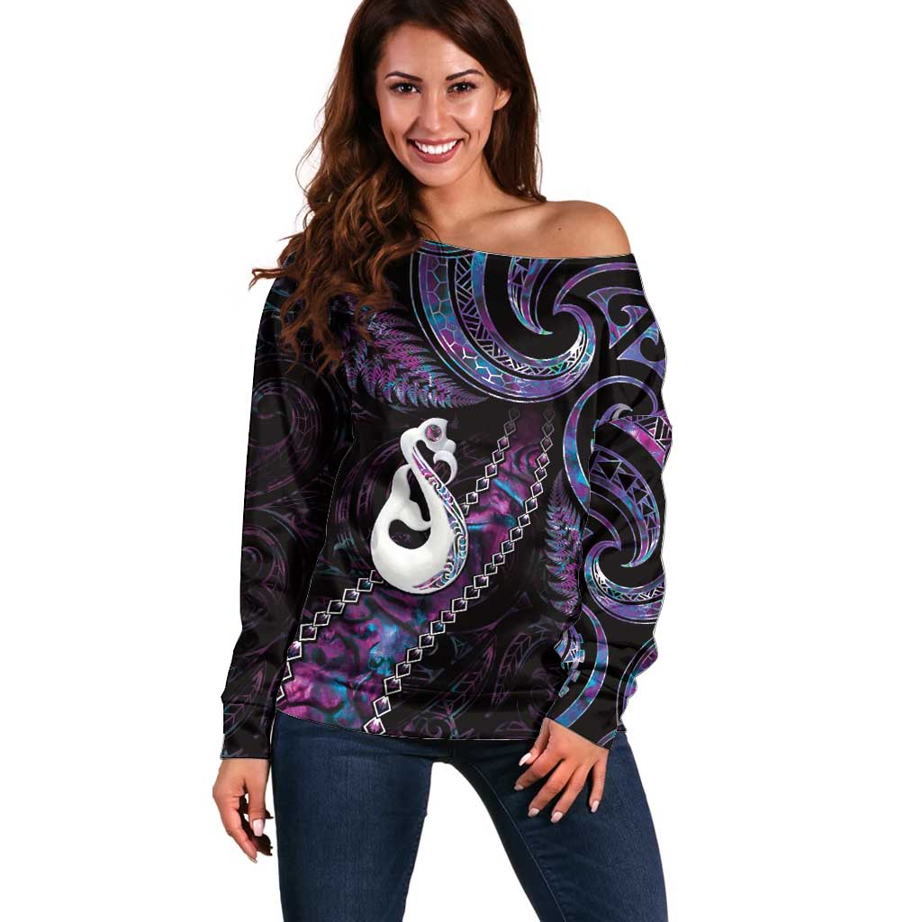 New Zealand Aotearoa Off Shoulder Sweater Maori Manaia Paua Shell Glitter Purple LT05 Women Purple - Polynesian Pride