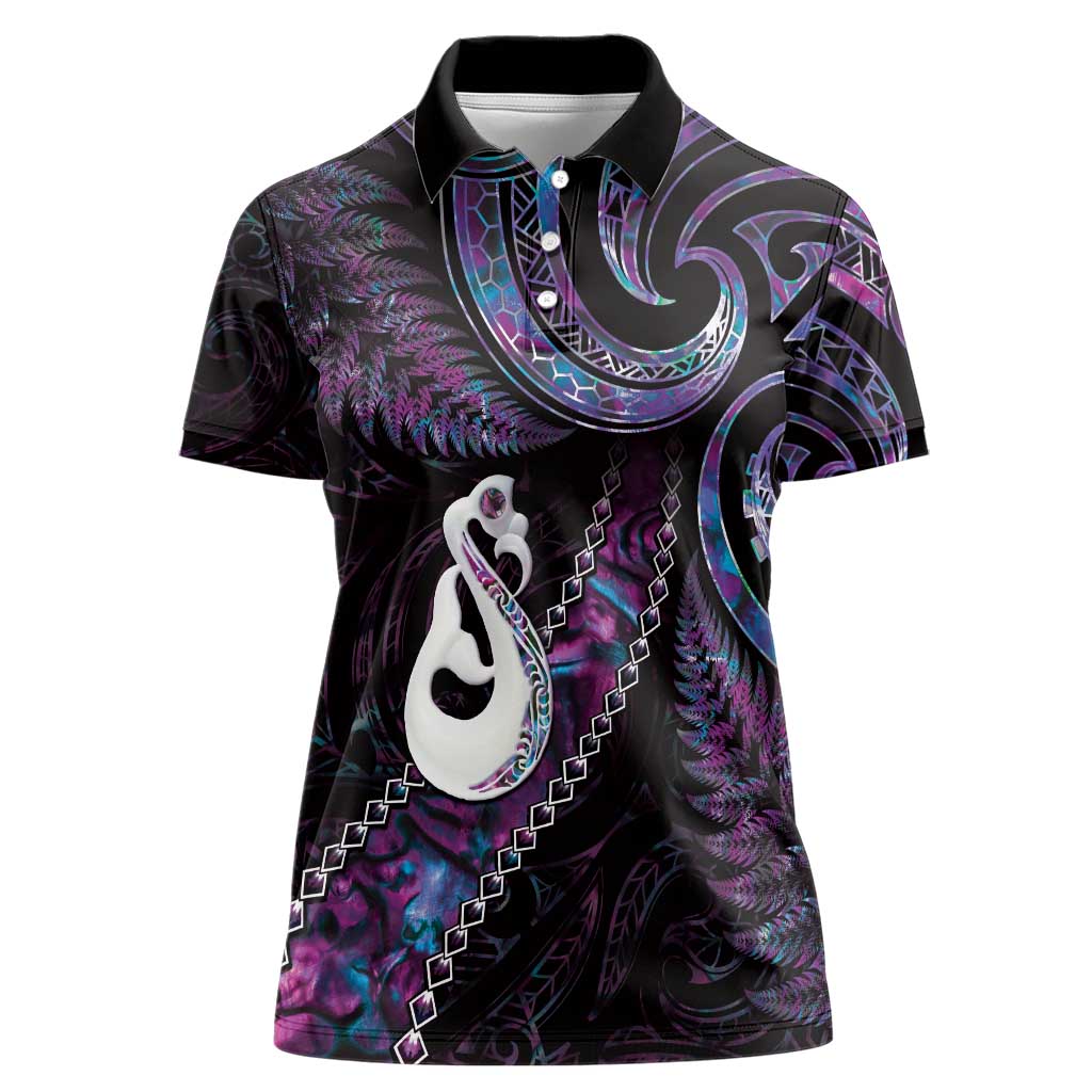 New Zealand Aotearoa Women Polo Shirt Maori Manaia Paua Shell Glitter Purple