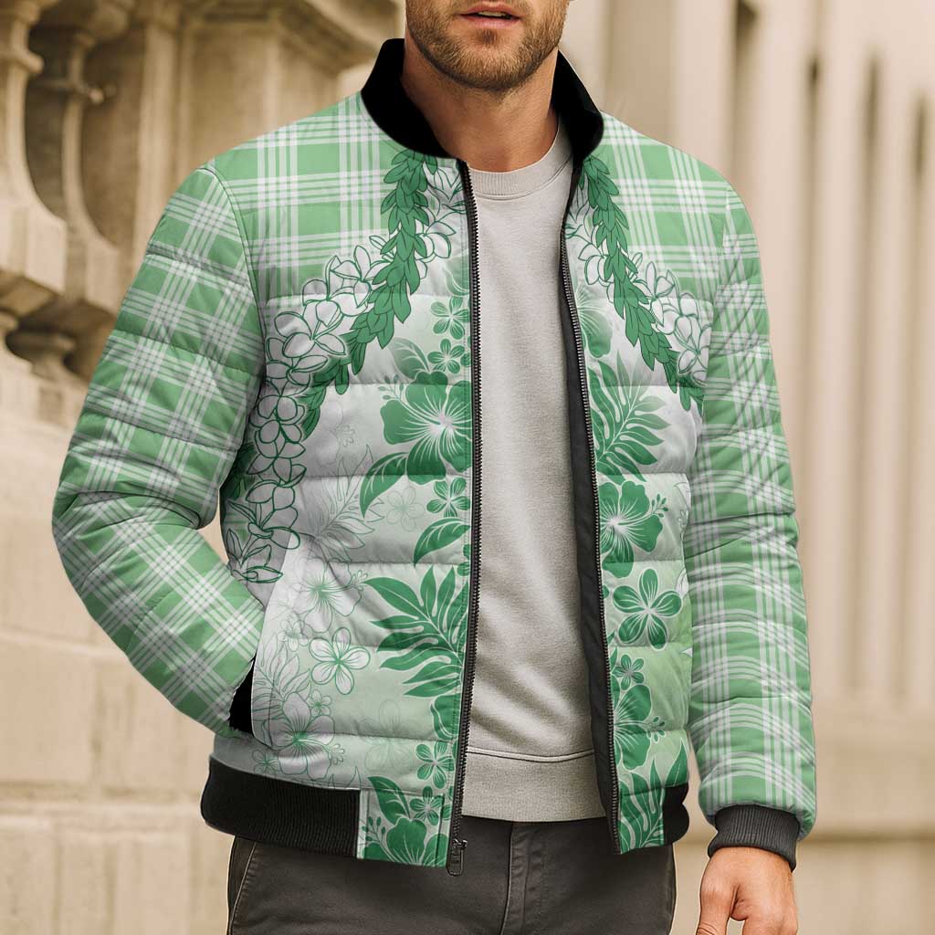 Aloha Hawaii Palaka Bomber Puffer Jacket Green Plumeria Lei LT05 - Polynesian Pride