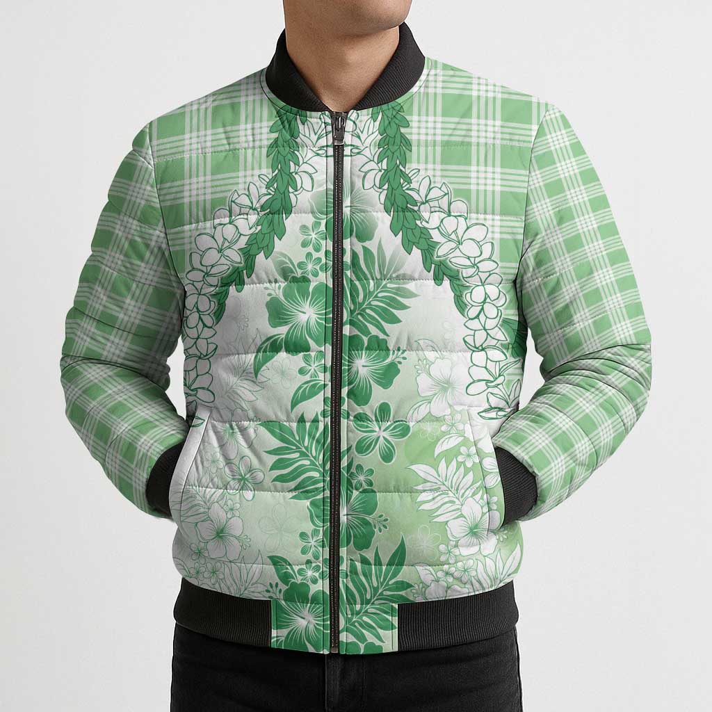 Aloha Hawaii Palaka Bomber Puffer Jacket Green Plumeria Lei LT05 - Polynesian Pride