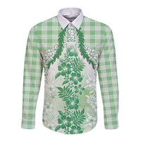 Aloha Hawaii Palaka Long Sleeve Button Shirt Green Plumeria Lei LT05 Unisex Green - Polynesian Pride