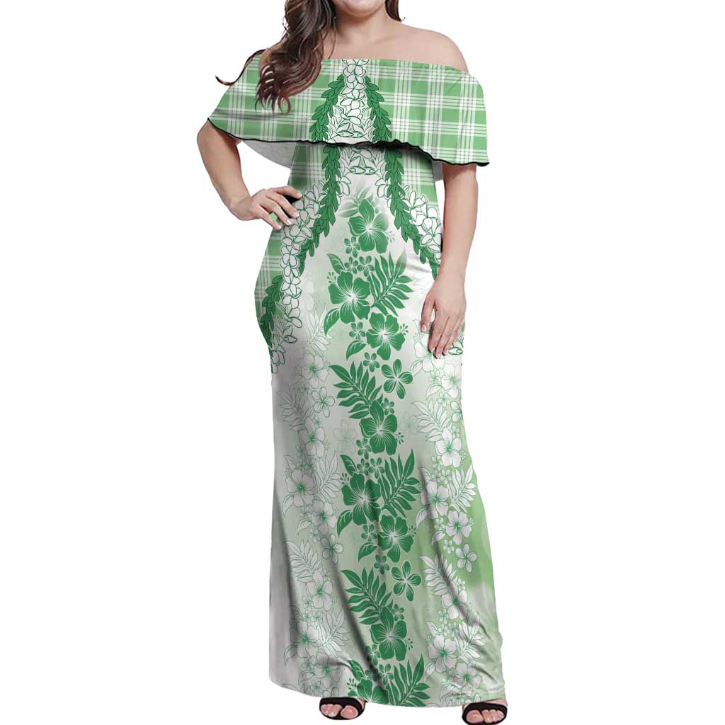 Aloha Hawaii Palaka Off Shoulder Maxi Dress Green Plumeria Lei LT05 Women Green - Polynesian Pride