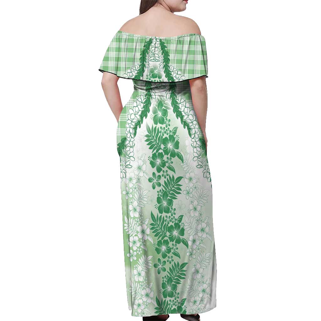 Aloha Hawaii Palaka Off Shoulder Maxi Dress Green Plumeria Lei LT05 - Polynesian Pride
