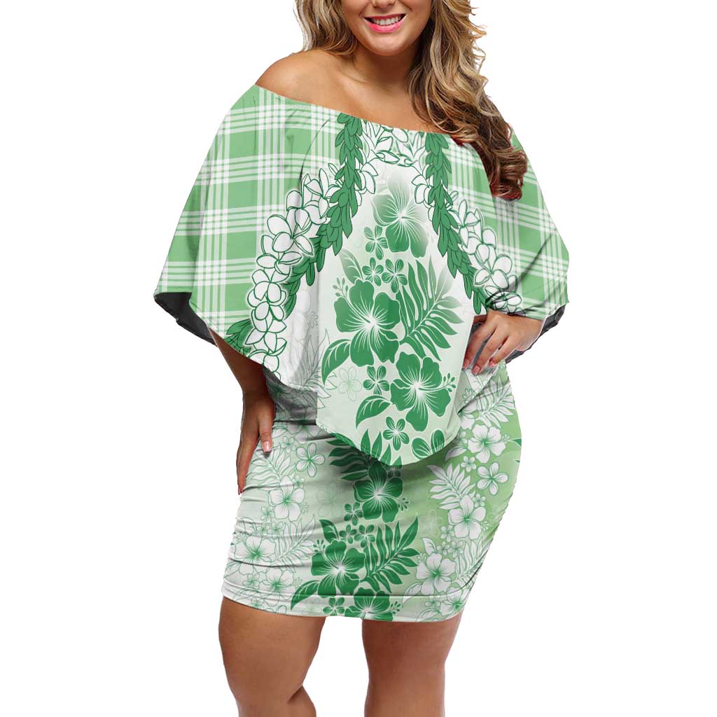 Aloha Hawaii Palaka Off Shoulder Short Dress Green Plumeria Lei LT05 Women Green - Polynesian Pride
