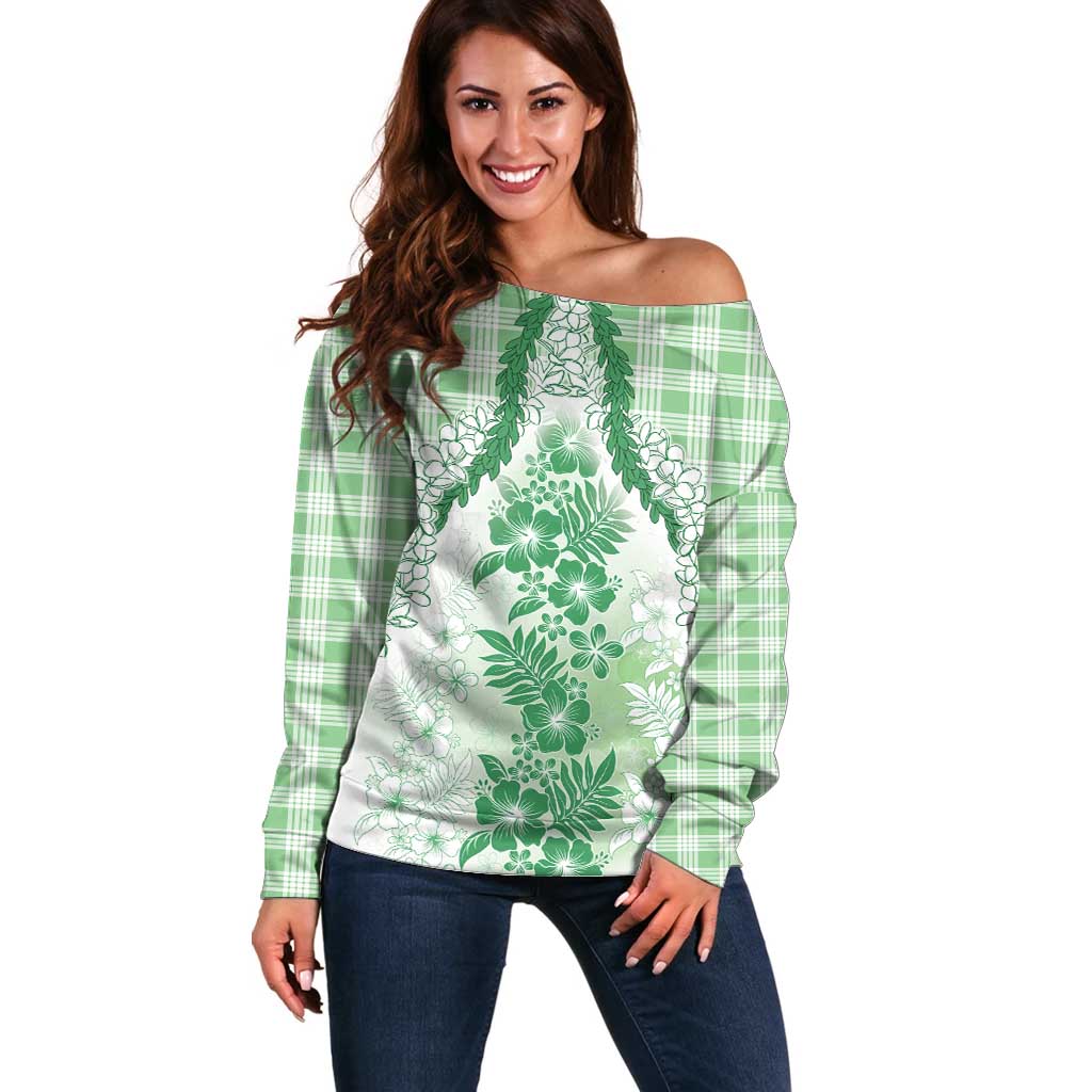 Aloha Hawaii Palaka Off Shoulder Sweater Green Plumeria Lei LT05 Women Green - Polynesian Pride