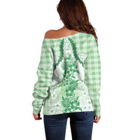Aloha Hawaii Palaka Off Shoulder Sweater Green Plumeria Lei LT05 - Polynesian Pride