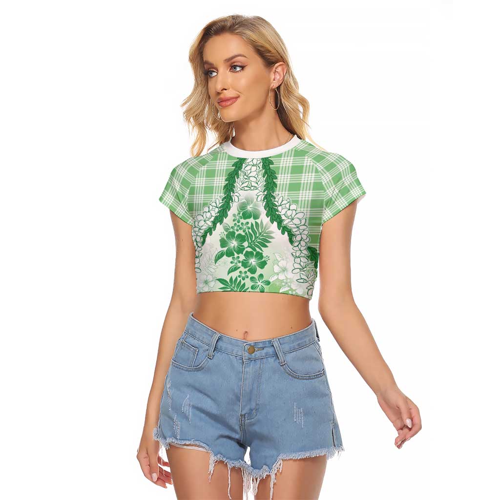 Aloha Hawaii Palaka Raglan Cropped T Shirt Green Plumeria Lei LT05 Female Green - Polynesian Pride