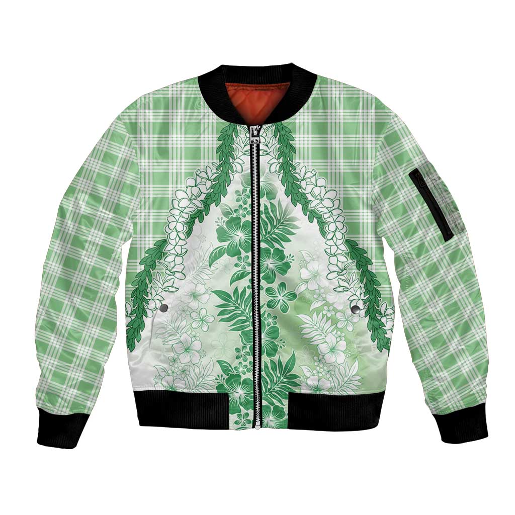 Aloha Hawaii Palaka Sleeve Zip Bomber Jacket Green Plumeria Lei LT05 Unisex Green - Polynesian Pride