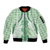 Aloha Hawaii Palaka Sleeve Zip Bomber Jacket Green Plumeria Lei LT05 Unisex Green - Polynesian Pride