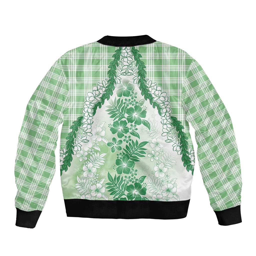 Aloha Hawaii Palaka Sleeve Zip Bomber Jacket Green Plumeria Lei LT05 - Polynesian Pride