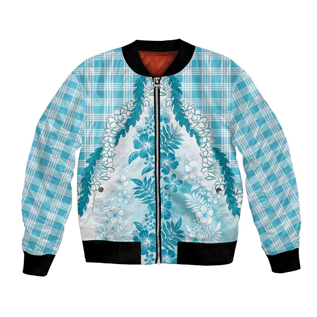 Aloha Hawaii Palaka Bomber Jacket Blue Plumeria Lei LT05 Unisex Blue - Polynesian Pride